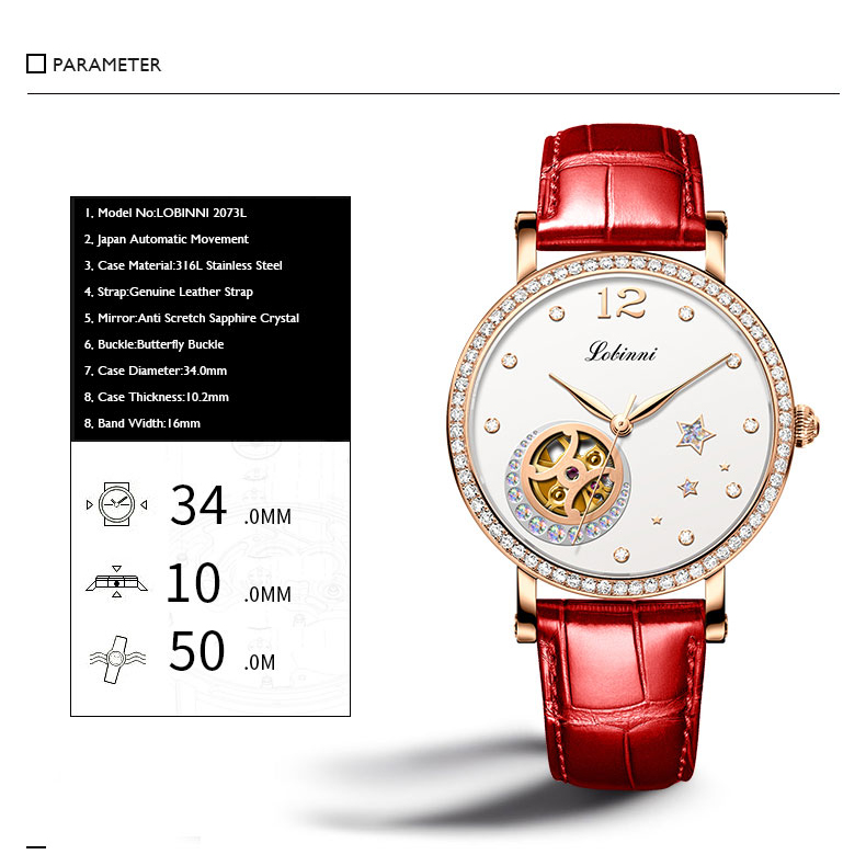 LOBINNI Luxury Women Watches,L - Skeleton Mechanical Watch 评论和价格